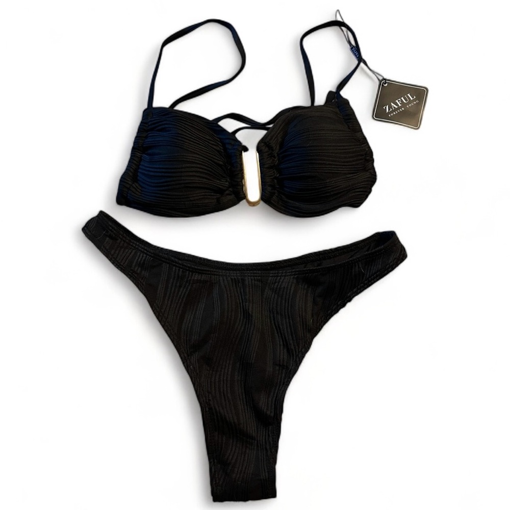 ZAFUL Women's Textured Underwire Bikini Set V Notch High Cut Swimwear